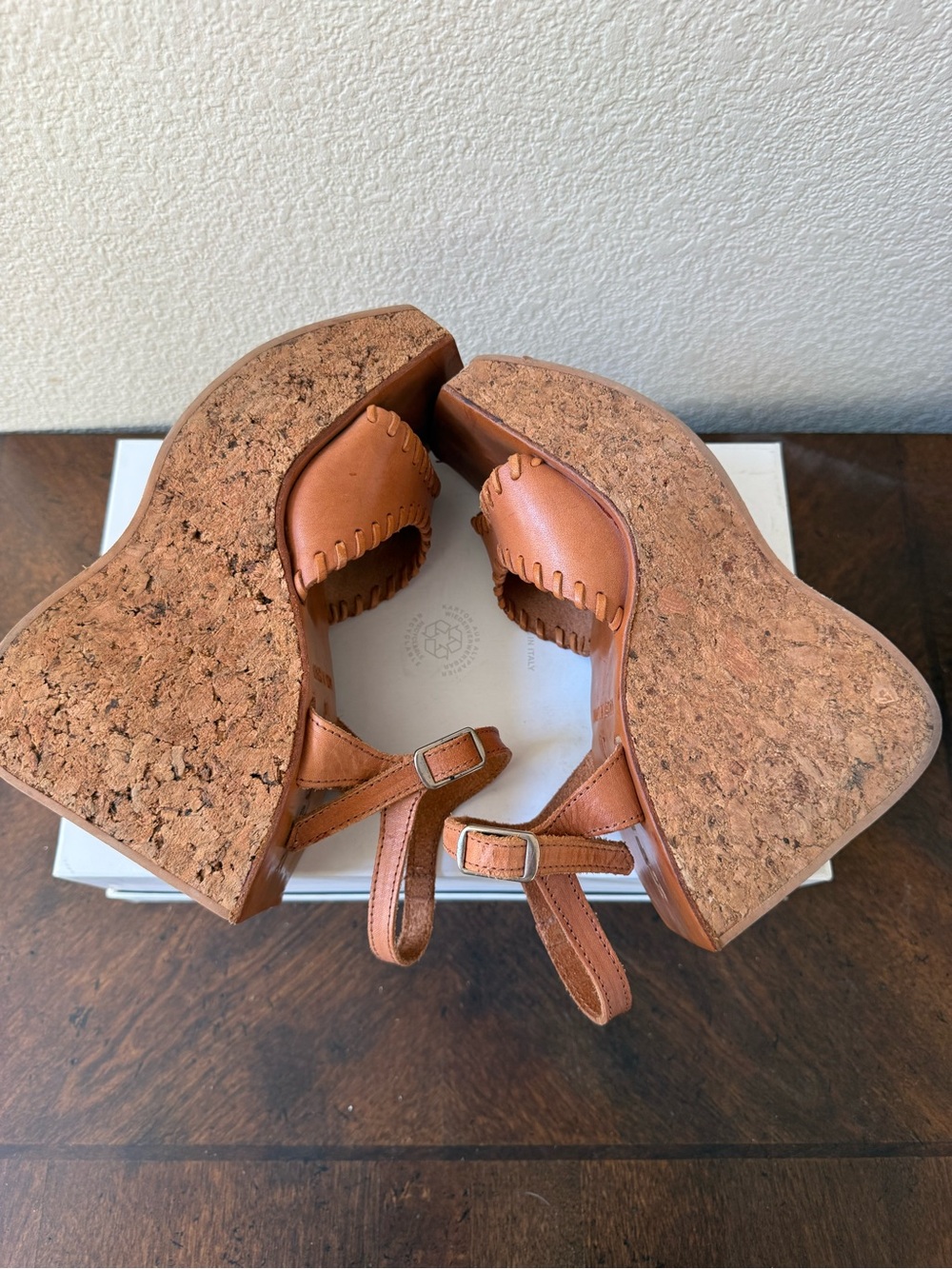 VTG 90s Sonax Spain Cork Platform Wedge Sandals EU 36 US 5.5-6 Cognac Leather - Picture 10 of 14